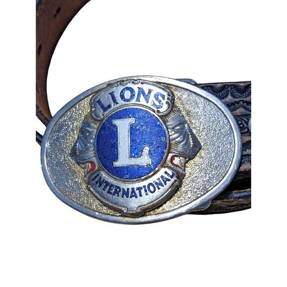 Vintage Lions Club International Brown Leather Belt Double Lion Head Logo Buckle - Picture 2 of 6